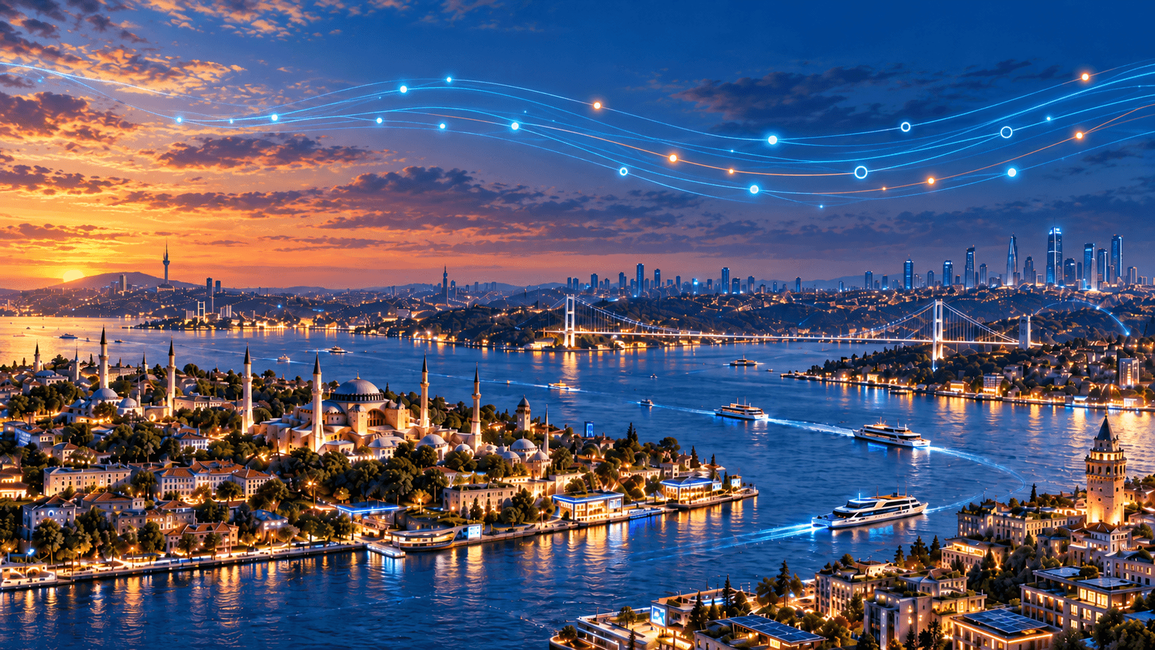 Istanbul's Bosphorus and bridges at sunset, with flowing light trails above the skyline